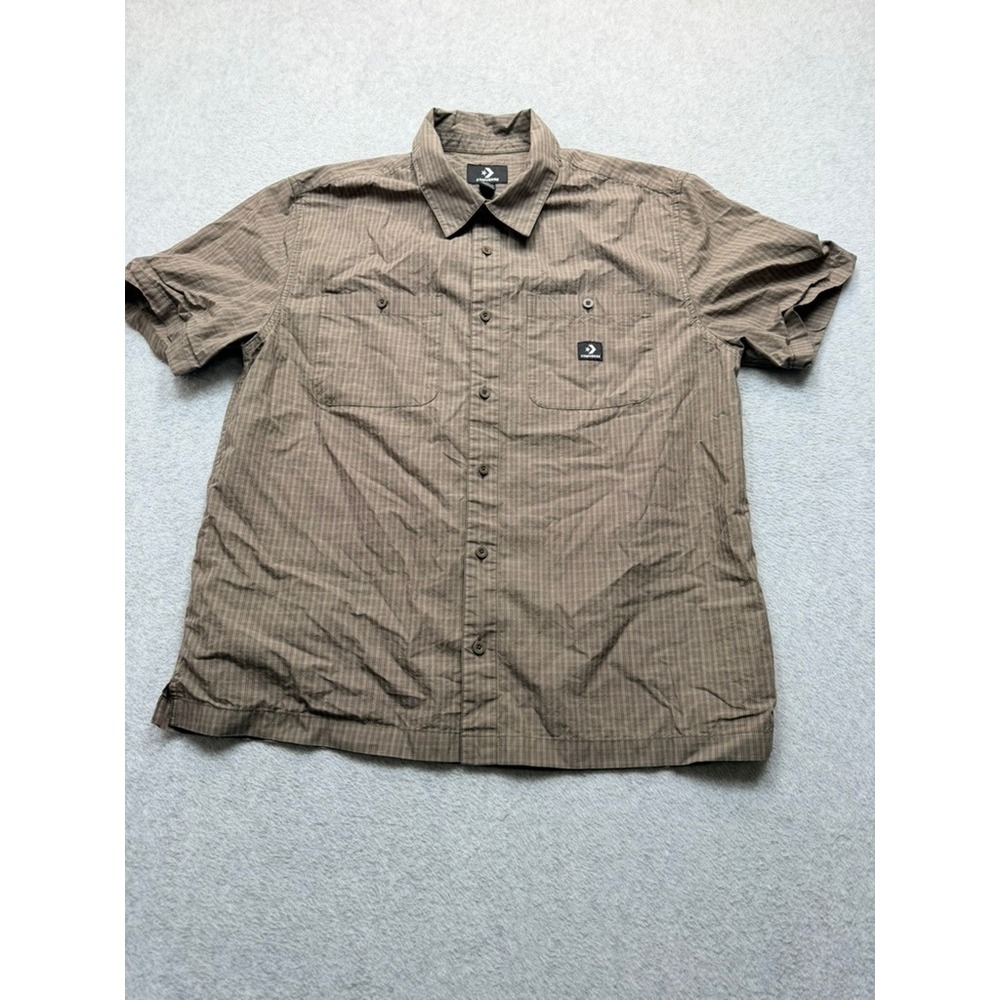 Converse Mens Small Brown Plaid Short Sleeve Button Down Shirt Ripstop Texture